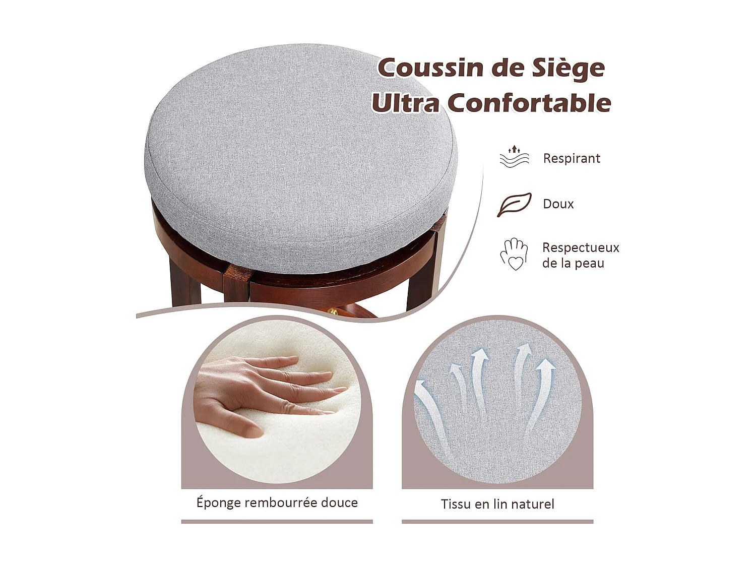 Tabouret bar lot de 2 en lin, chaise de bar pivotant avec repose-pieds