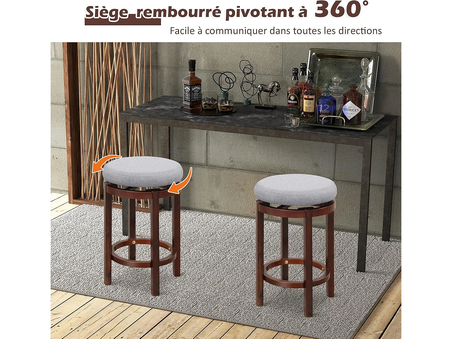 Tabouret bar lot de 2 en lin, chaise de bar pivotant avec repose-pieds