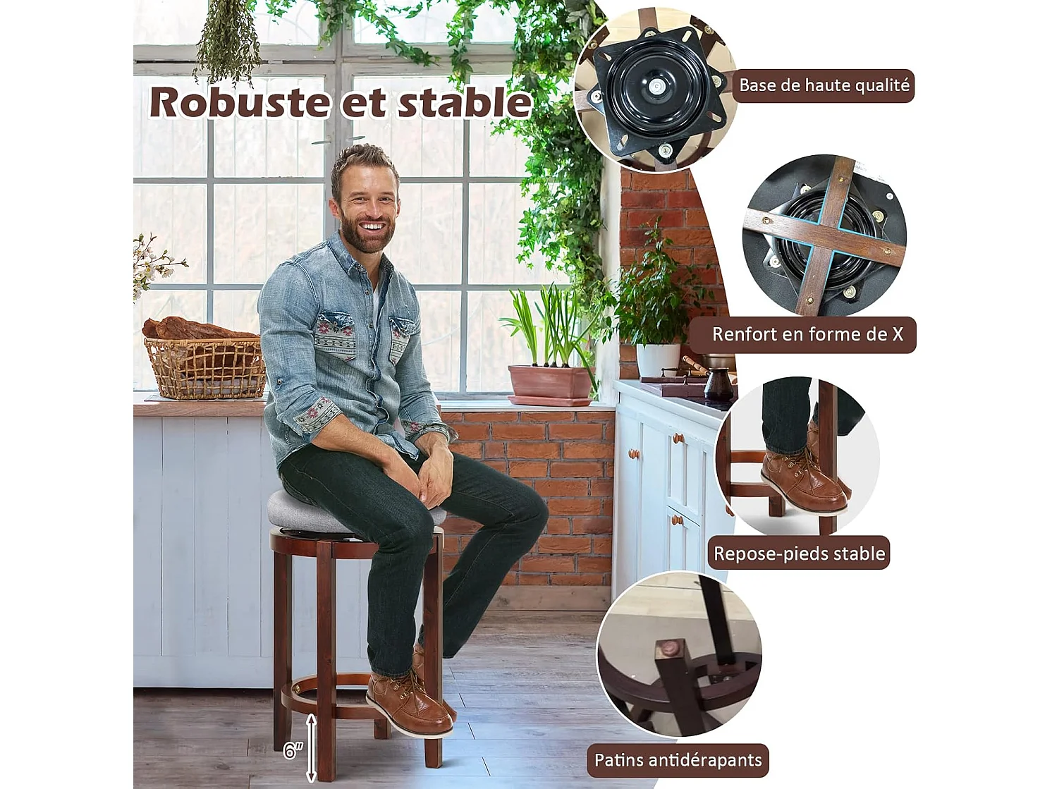 Tabouret bar lot de 2 en lin, chaise de bar pivotant avec repose-pieds