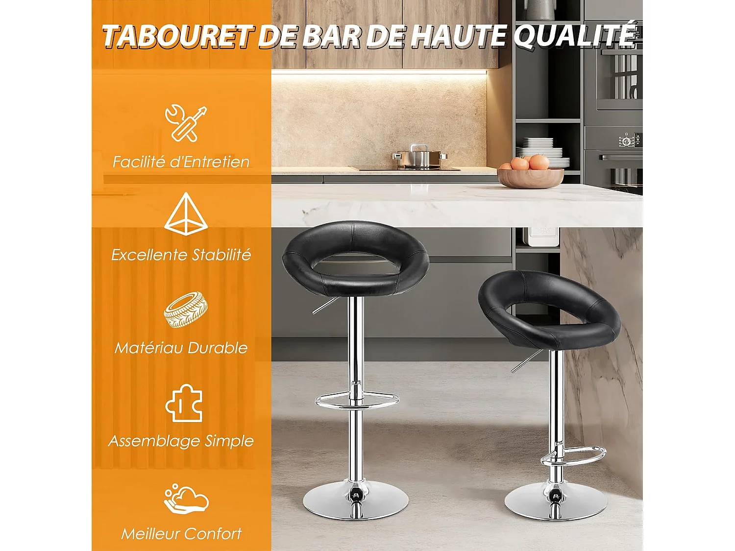 Lot de 2 Tabouret de Bar, Chaise de Bar Pivotante avec Repose-pieds, Hauteur Réglable 77-98 CM, Chaise Bar en Similicuir Moderne, Cadre en Métal, Tabouret de Cuisine pour Îlot, Bistrot