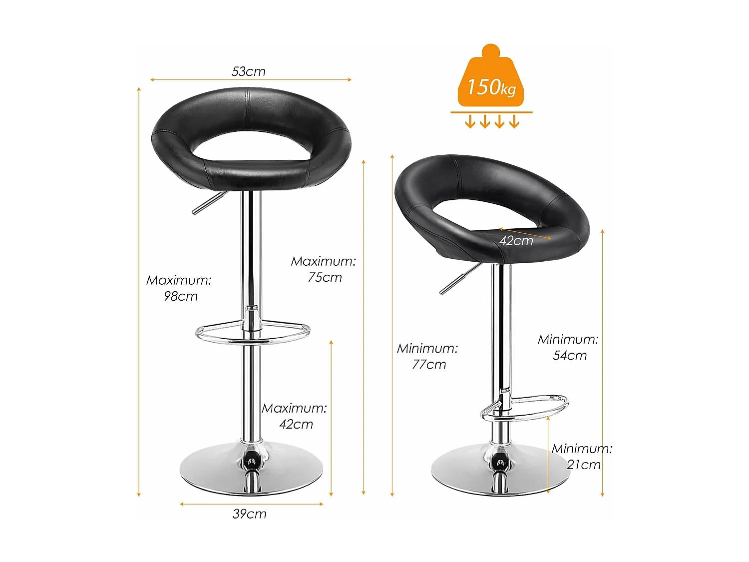 Lot de 2 Tabouret de Bar, Chaise de Bar Pivotante avec Repose-pieds, Hauteur Réglable 77-98 CM, Chaise Bar en Similicuir Moderne, Cadre en Métal, Tabouret de Cuisine pour Îlot, Bistrot