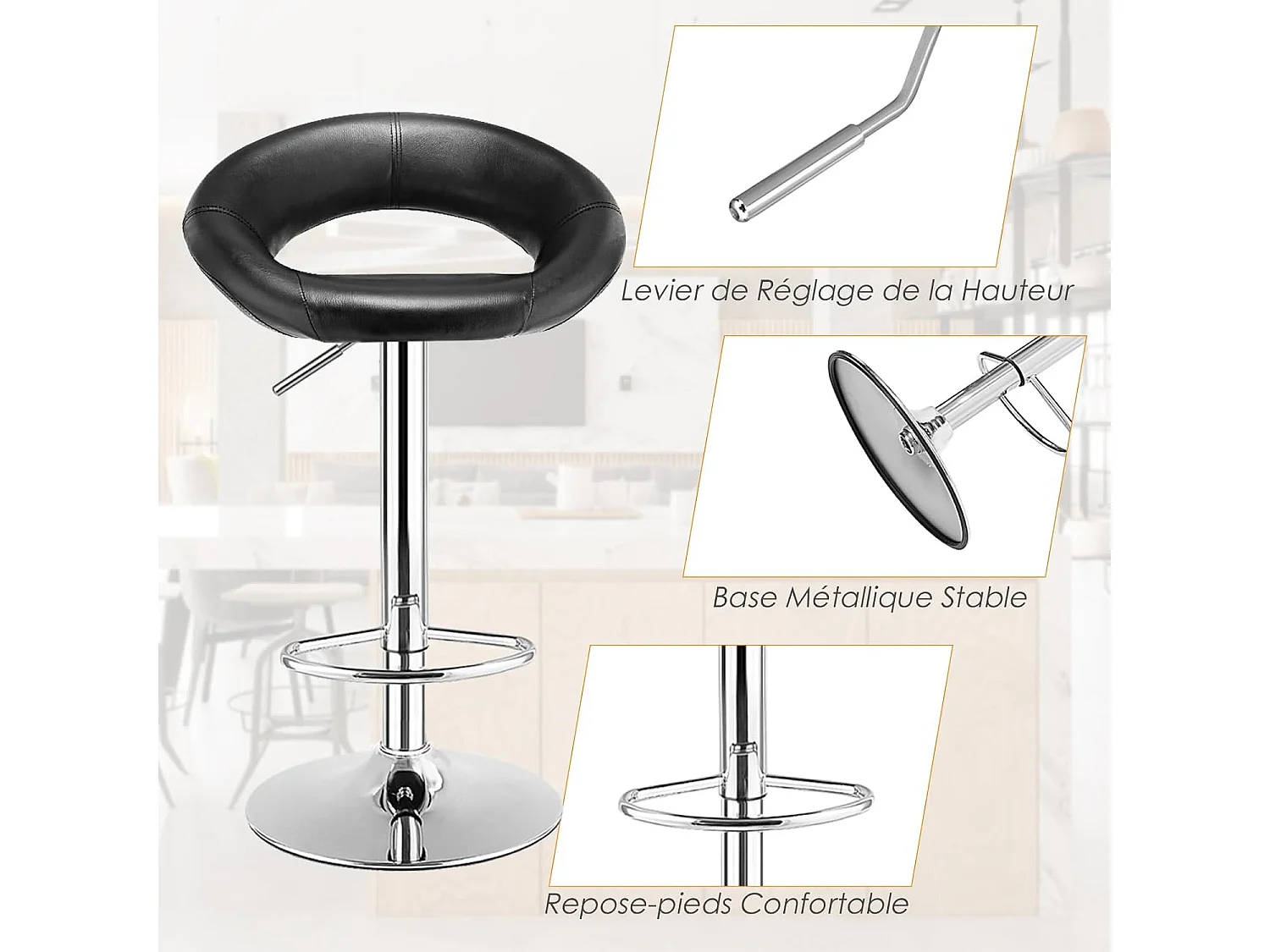 Lot de 2 Tabouret de Bar, Chaise de Bar Pivotante avec Repose-pieds, Hauteur Réglable 77-98 CM, Chaise Bar en Similicuir Moderne, Cadre en Métal, Tabouret de Cuisine pour Îlot, Bistrot