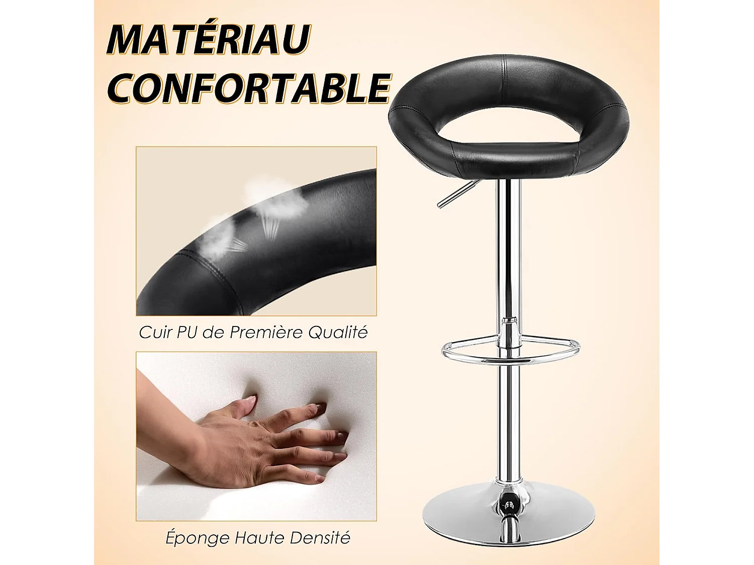 Lot de 2 Tabouret de Bar, Chaise de Bar Pivotante avec Repose-pieds, Hauteur Réglable 77-98 CM, Chaise Bar en Similicuir Moderne, Cadre en Métal, Tabouret de Cuisine pour Îlot, Bistrot