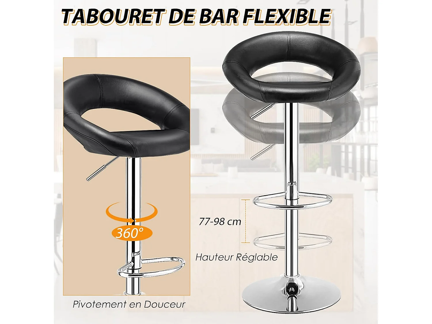 Set van 2 barkrukken, draaibare barstoel met voetsteun, verstelbare hoogte 77-98 CM, moderne kunstleren barstoel, metalen frame, keukenkruk voor eiland, bistro