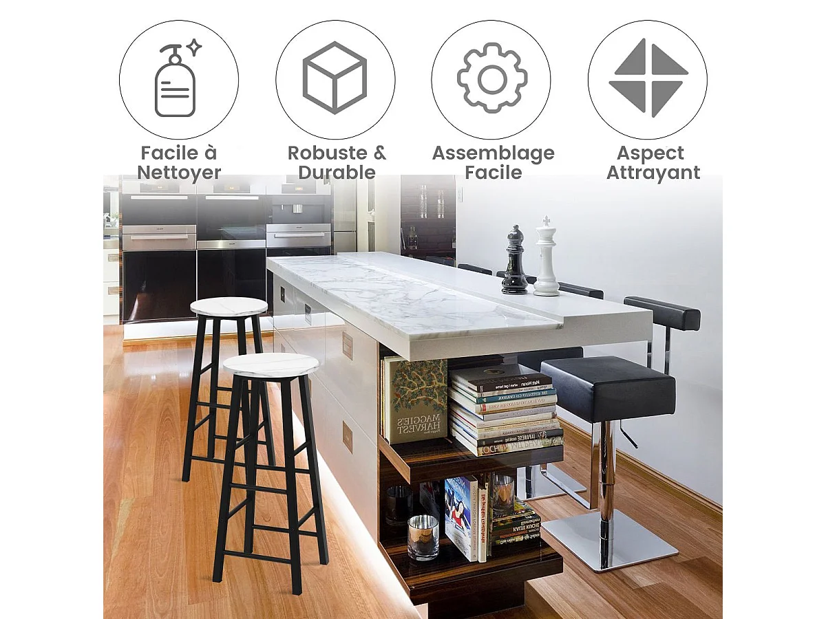 Tabourets de bar lot de 2, chaise de bar industrielle avec repose-pieds (blanc)