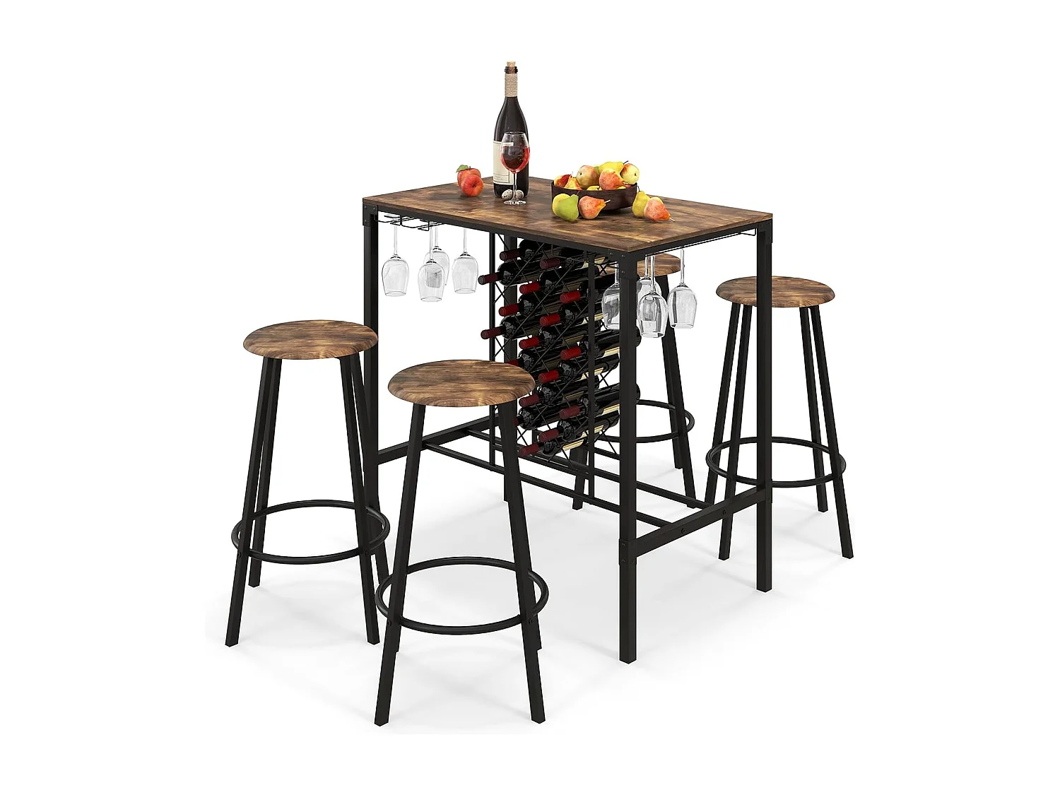 Table haute cuisine avec 4 tabourets,porte-verre et casier à bouteilles, cuisine