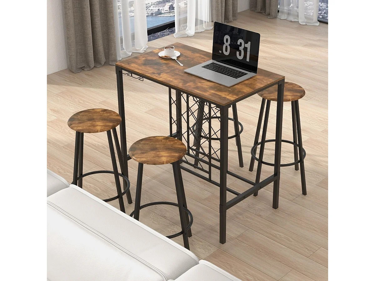 Table haute cuisine avec 4 tabourets,porte-verre et casier à bouteilles, cuisine