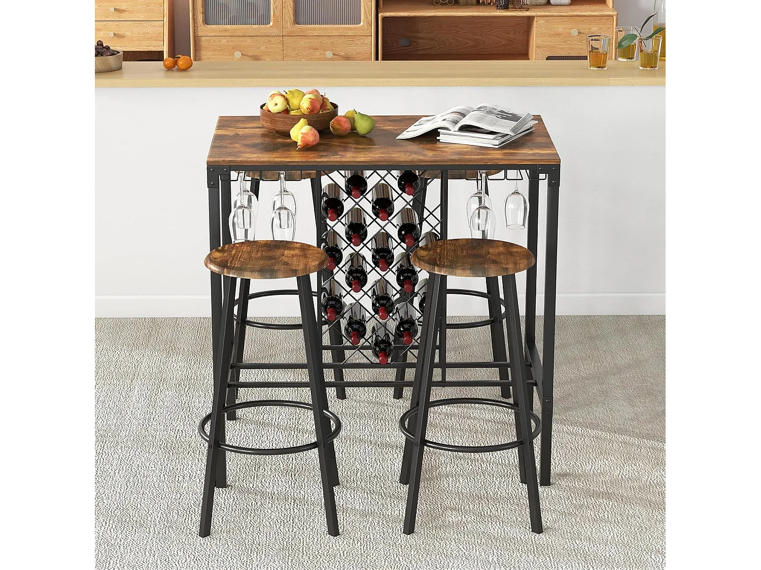 Table haute cuisine avec 4 tabourets,porte-verre et casier à bouteilles, cuisine