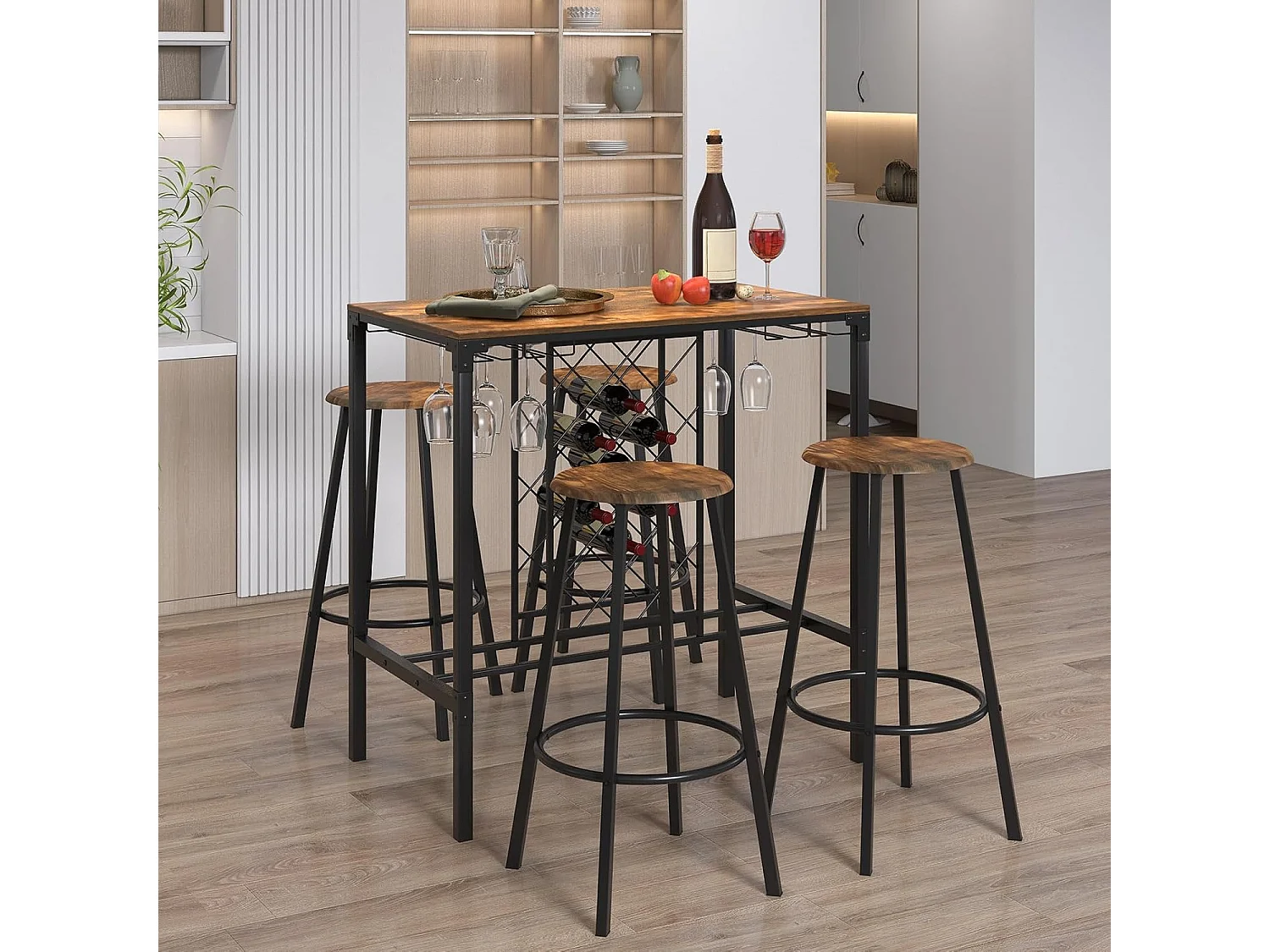 Table haute cuisine avec 4 tabourets,porte-verre et casier à bouteilles, cuisine