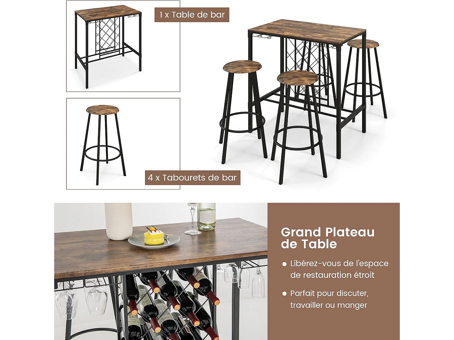 Table haute cuisine avec 4 tabourets,porte-verre et casier à bouteilles, cuisine