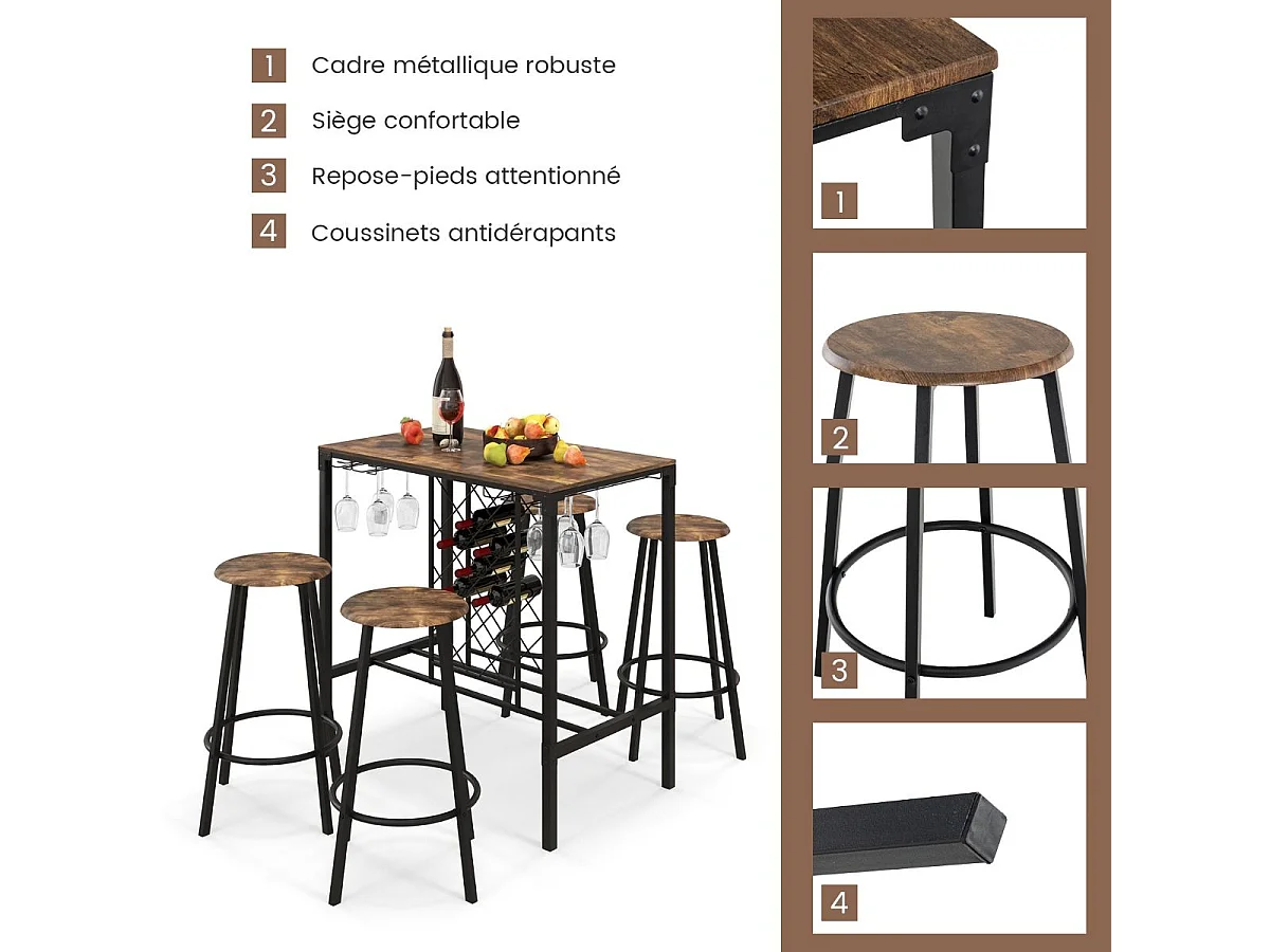 Table haute cuisine avec 4 tabourets,porte-verre et casier à bouteilles, cuisine