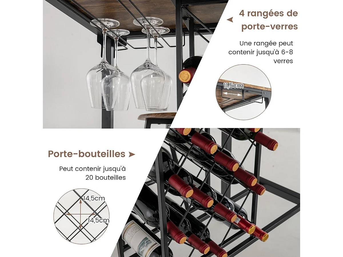 Table haute cuisine avec 4 tabourets,porte-verre et casier à bouteilles, cuisine