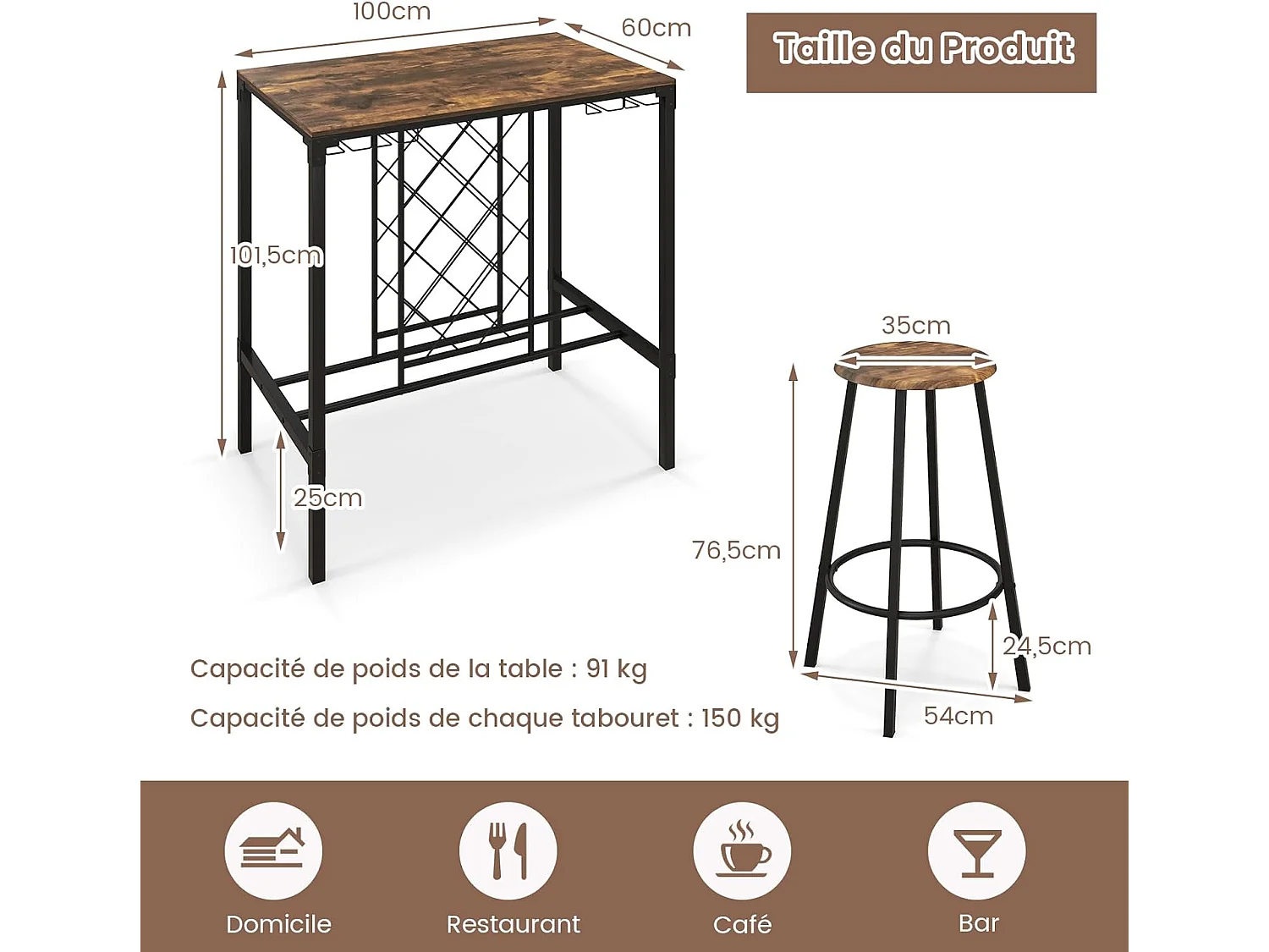 Table haute cuisine avec 4 tabourets,porte-verre et casier à bouteilles, cuisine