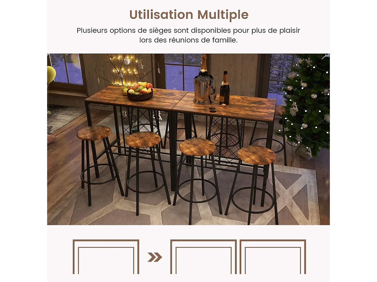 Table haute cuisine avec 4 tabourets,porte-verre et casier à bouteilles, cuisine