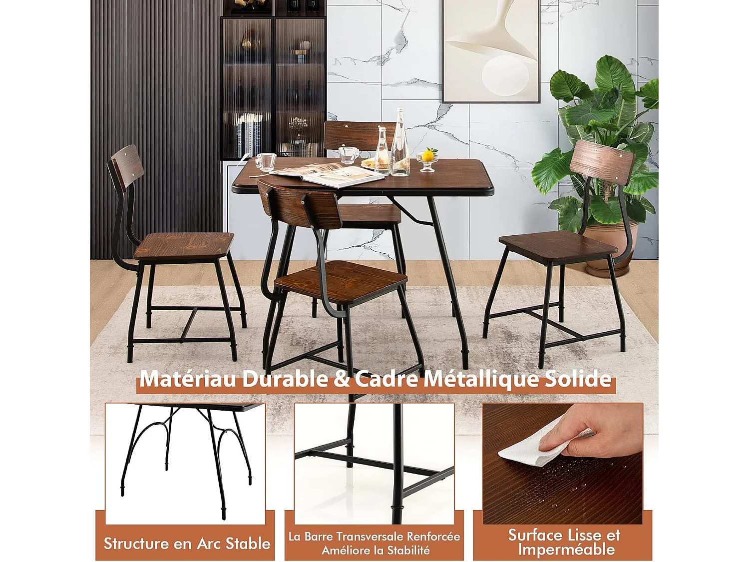 Table de Cuisine Rectangulaire, avec Structure en Métal, pour Cuisine, Coin Repas, Restaurant, Marron (1 Table)