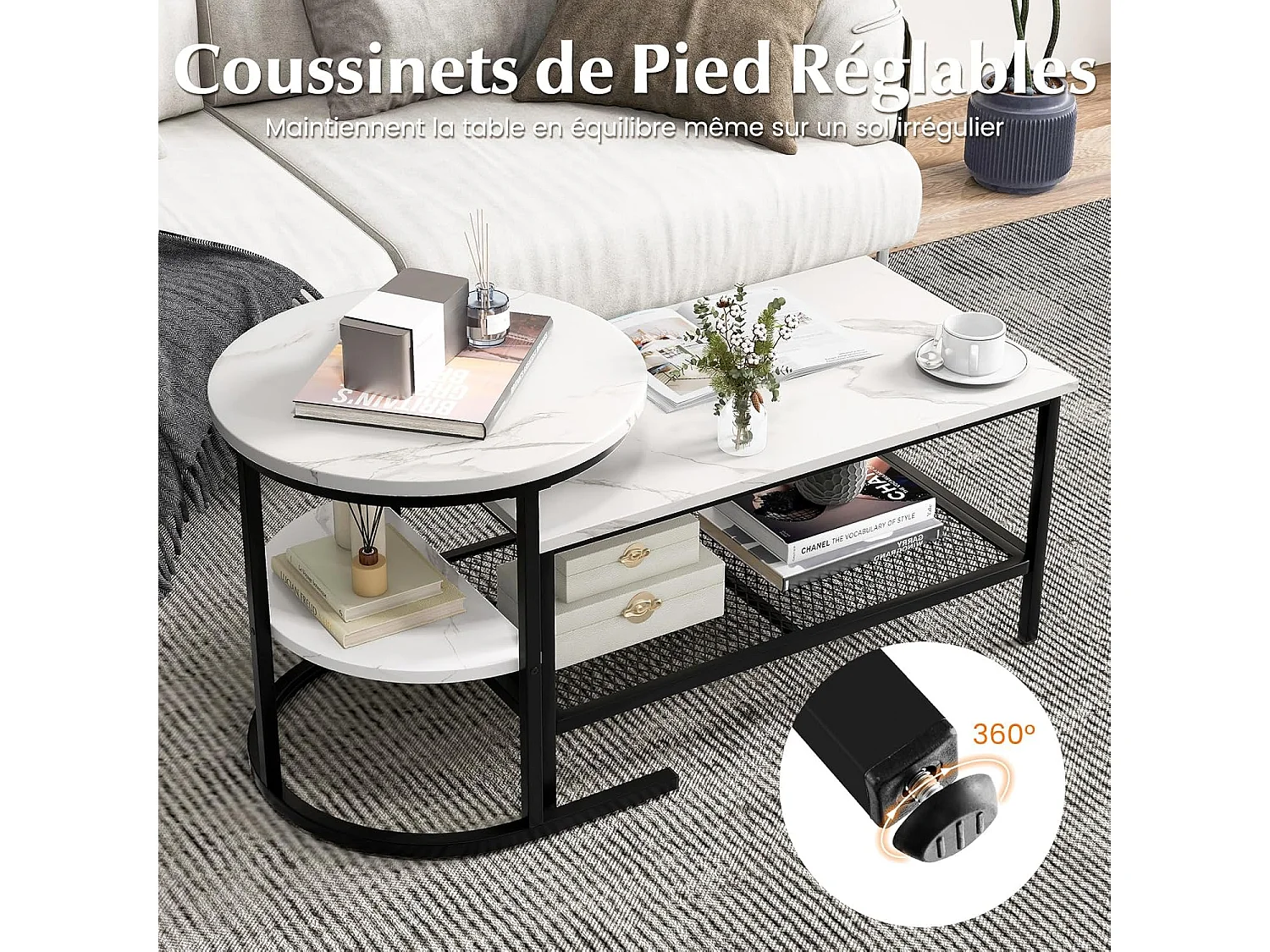 Tables Basses Gigognes Lot de 2, Table Gigogne Design Marbre, Cadre en Métal, Table Salon Rectangulaire, Table d'Appoint Ronde pour Canapé, Salon, Chambre