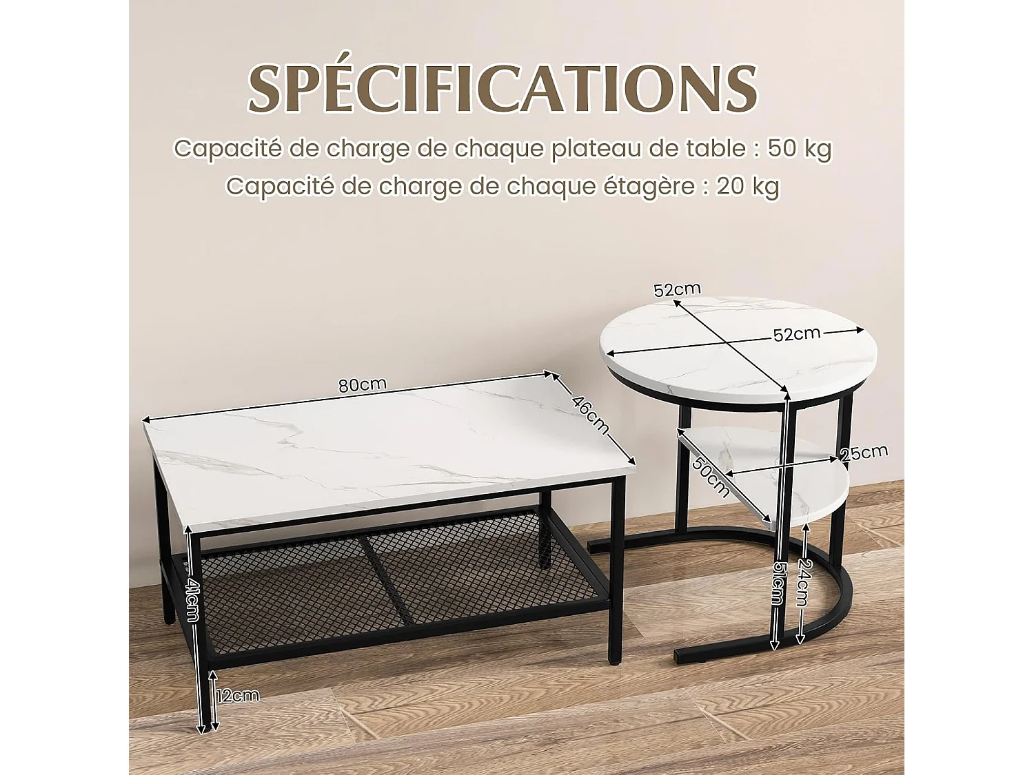 Tables Basses Gigognes Lot de 2, Table Gigogne Design Marbre, Cadre en Métal, Table Salon Rectangulaire, Table d'Appoint Ronde pour Canapé, Salon, Chambre