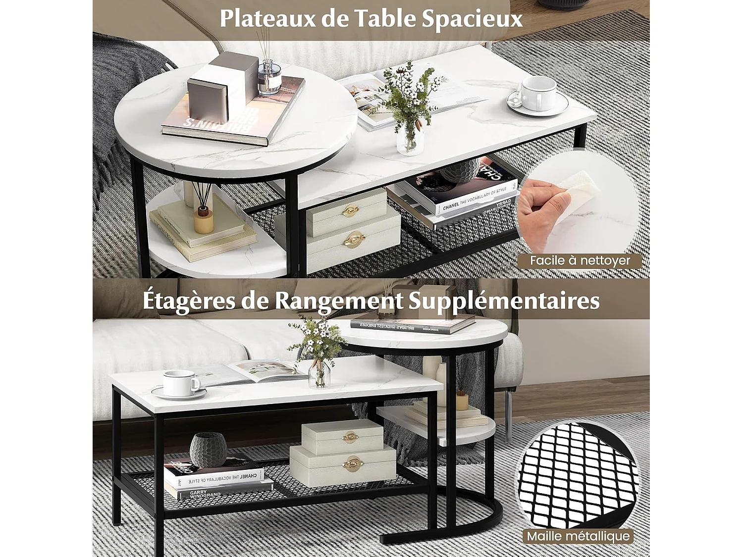 Tables Basses Gigognes Lot de 2, Table Gigogne Design Marbre, Cadre en Métal, Table Salon Rectangulaire, Table d'Appoint Ronde pour Canapé, Salon, Chambre
