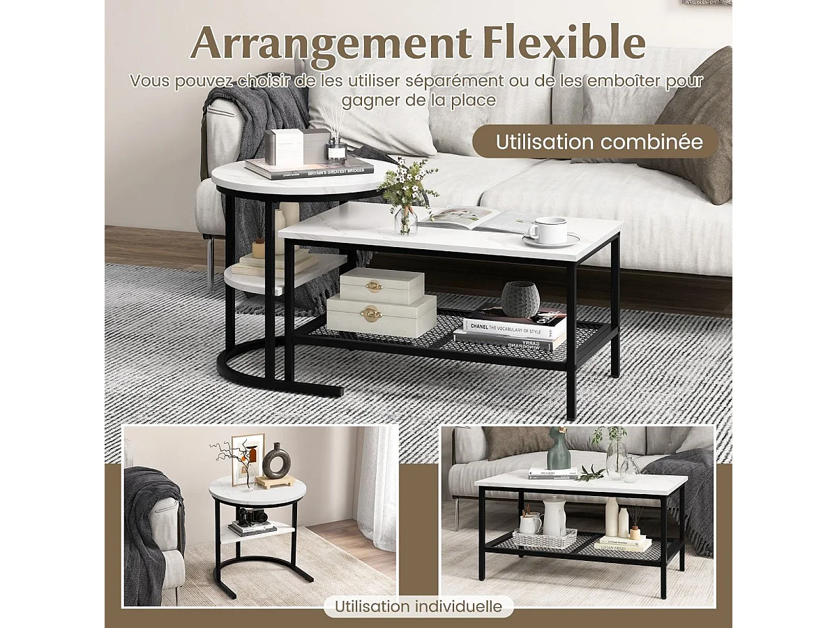 Tables Basses Gigognes Lot de 2, Table Gigogne Design Marbre, Cadre en Métal, Table Salon Rectangulaire, Table d'Appoint Ronde pour Canapé, Salon, Chambre