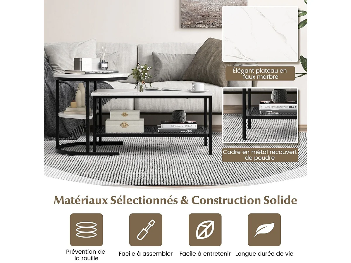 Tables Basses Gigognes Lot de 2, Table Gigogne Design Marbre, Cadre en Métal, Table Salon Rectangulaire, Table d'Appoint Ronde pour Canapé, Salon, Chambre