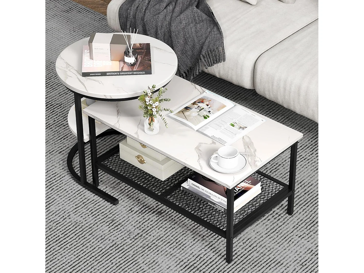 Nesting Coffee Tables Set van 2, Marmeren Design Nesting Table, Metalen Frame, Rechthoekige Woonkamertafel, Ronde Bijzettafel Voor Bank, Woonkamer, Slaapkamer