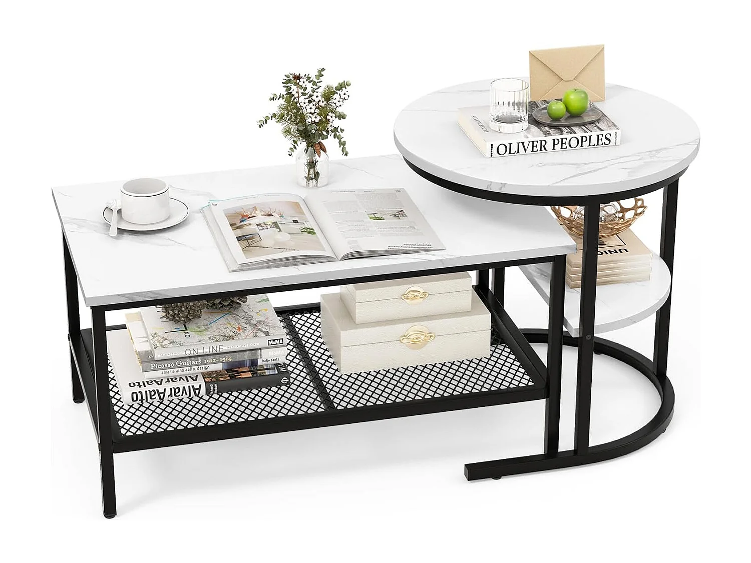 Nesting Coffee Tables Set van 2, Marmeren Design Nesting Table, Metalen Frame, Rechthoekige Woonkamertafel, Ronde Bijzettafel Voor Bank, Woonkamer, Slaapkamer