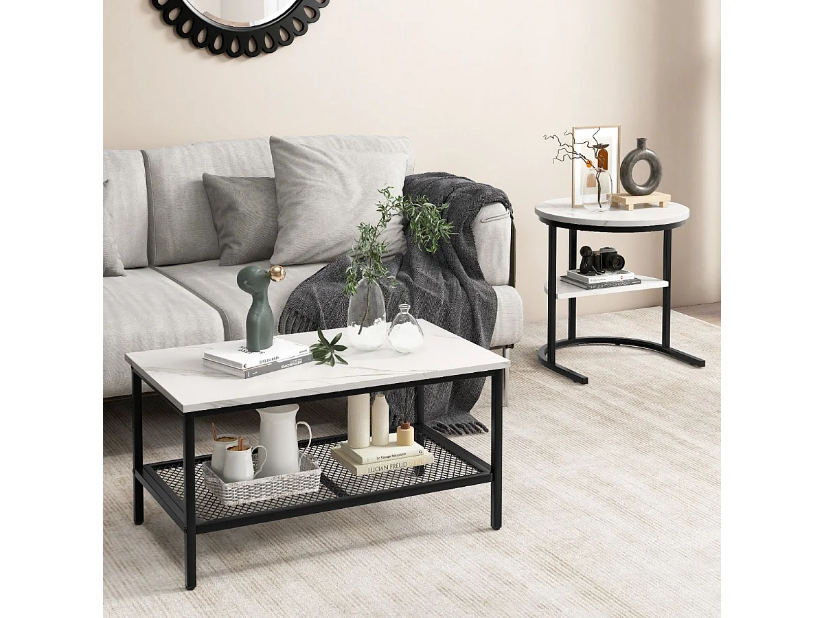 Nesting Coffee Tables Set van 2, Marmeren Design Nesting Table, Metalen Frame, Rechthoekige Woonkamertafel, Ronde Bijzettafel Voor Bank, Woonkamer, Slaapkamer