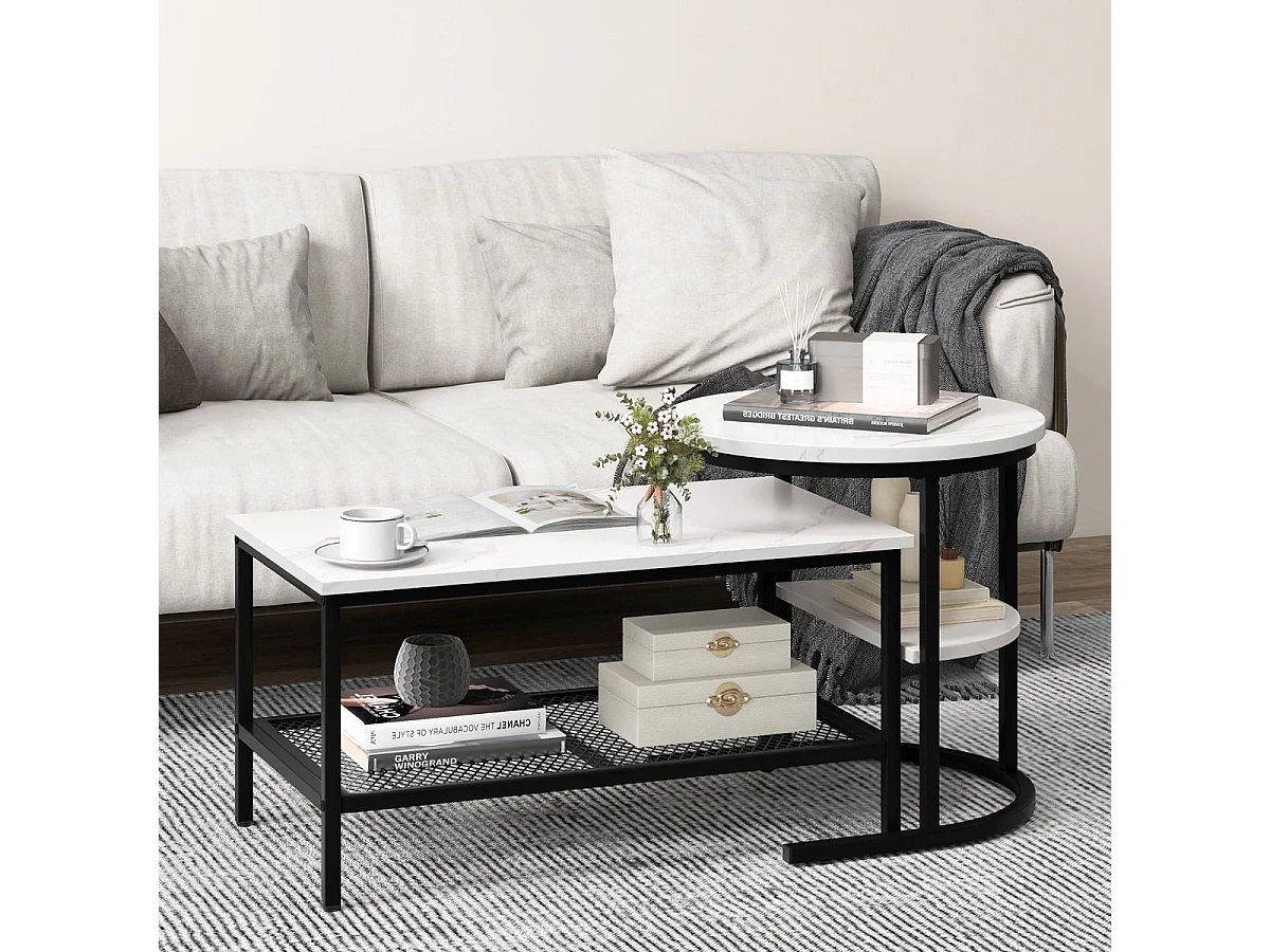 Nesting Coffee Tables Set van 2, Marmeren Design Nesting Table, Metalen Frame, Rechthoekige Woonkamertafel, Ronde Bijzettafel Voor Bank, Woonkamer, Slaapkamer