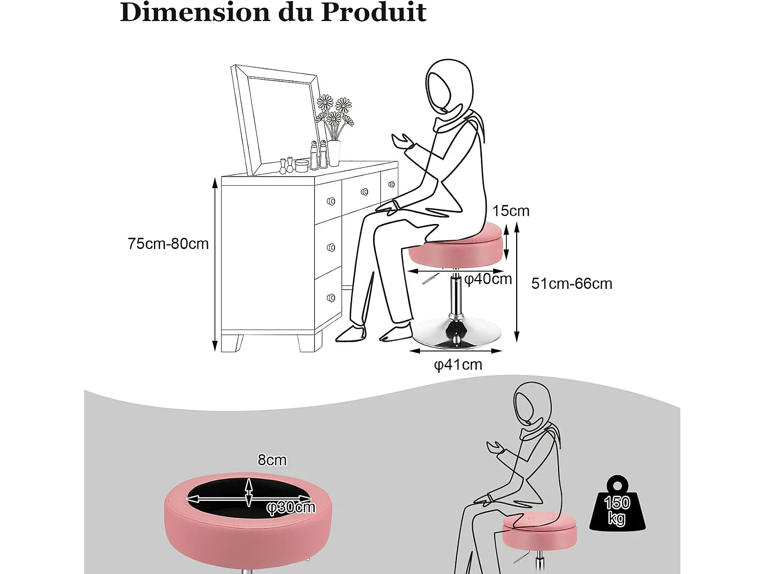 Tabouret de bar similicuir pivotante à 360° hauteur réglable 51-66 cm rose