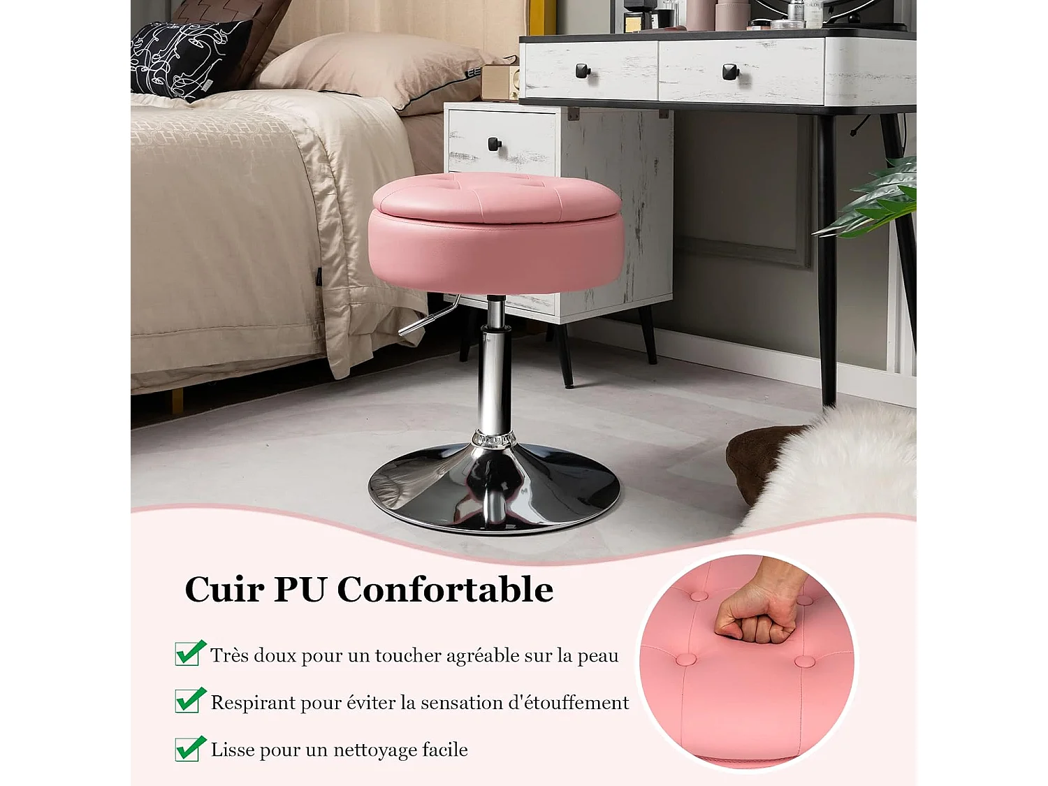 Tabouret de bar similicuir pivotante à 360° hauteur réglable 51-66 cm rose