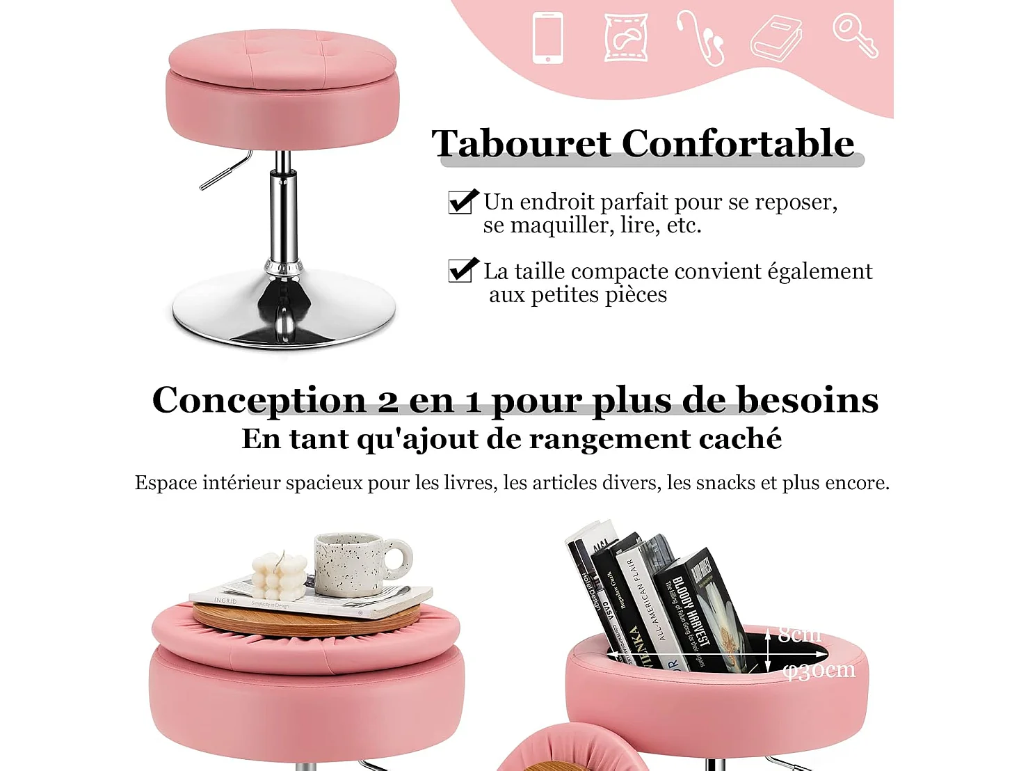 Tabouret de bar similicuir pivotante à 360° hauteur réglable 51-66 cm rose