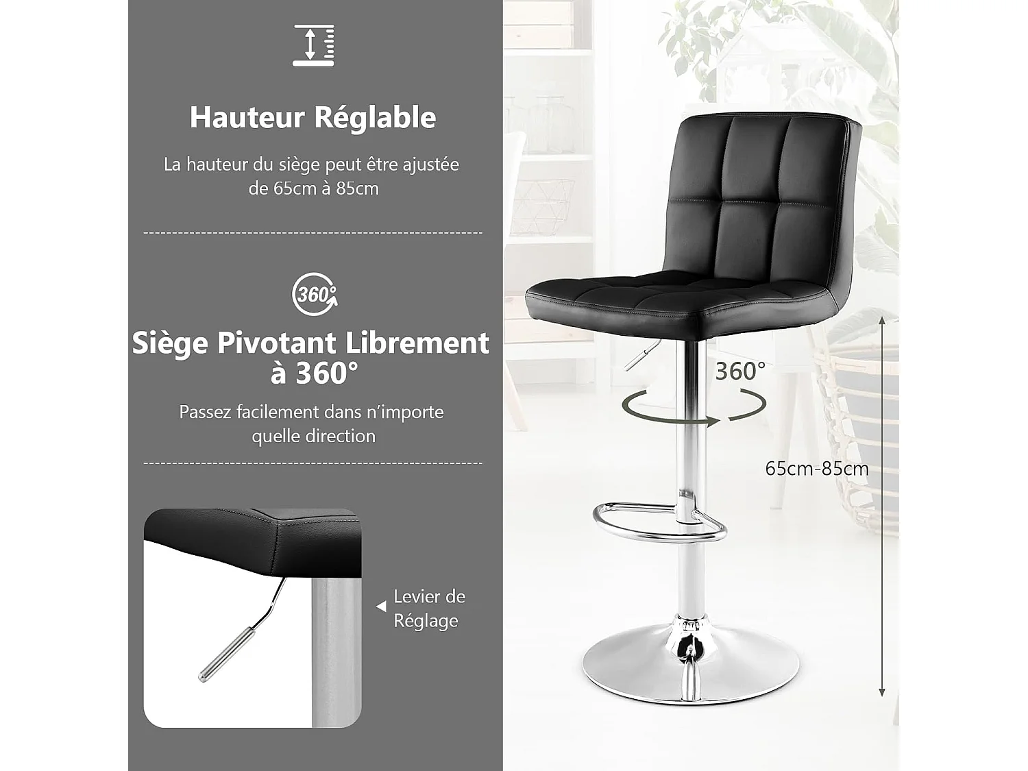 Tabouret de bar, pivotante, hauteur réglable 65-85 cm, repose-pieds, avec dossier(noir,1)
