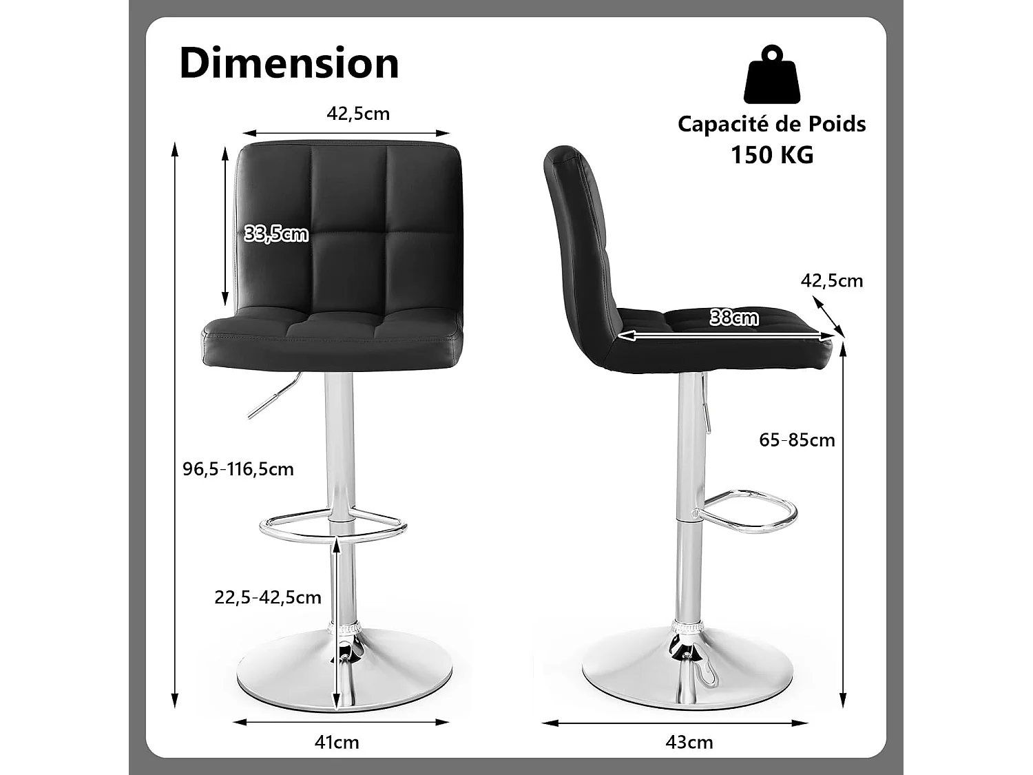 Tabouret de bar, pivotante, hauteur réglable 65-85 cm, repose-pieds, avec dossier(noir,1)