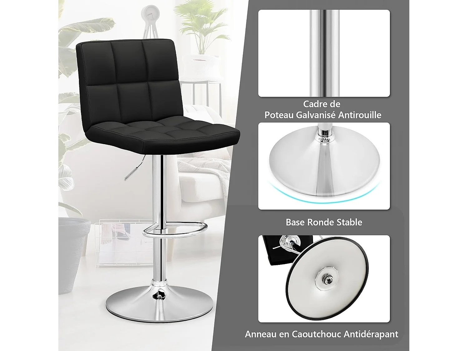 Tabouret de bar, pivotante, hauteur réglable 65-85 cm, repose-pieds, avec dossier(noir,2)