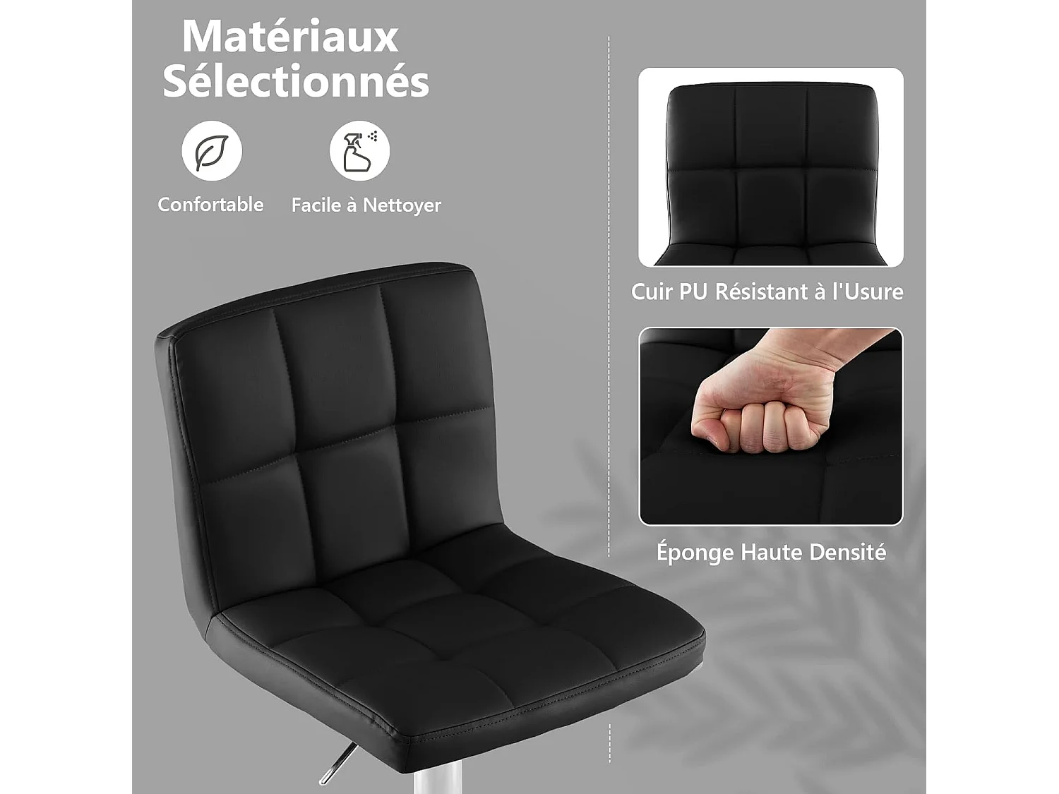 Tabouret de bar, pivotante, hauteur réglable 65-85 cm, repose-pieds, avec dossier(noir,2)