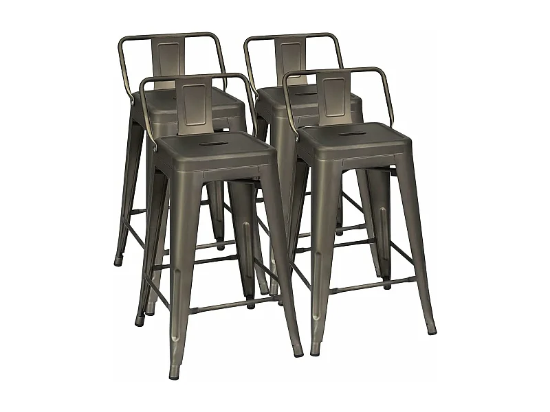 Set van 4 stapelbare metalen barkrukken met afneembare lage rugleuning, zithoogte 60 CM, antislip rubberen voeten, hoge barkrukken voor bistro, keuken, café
