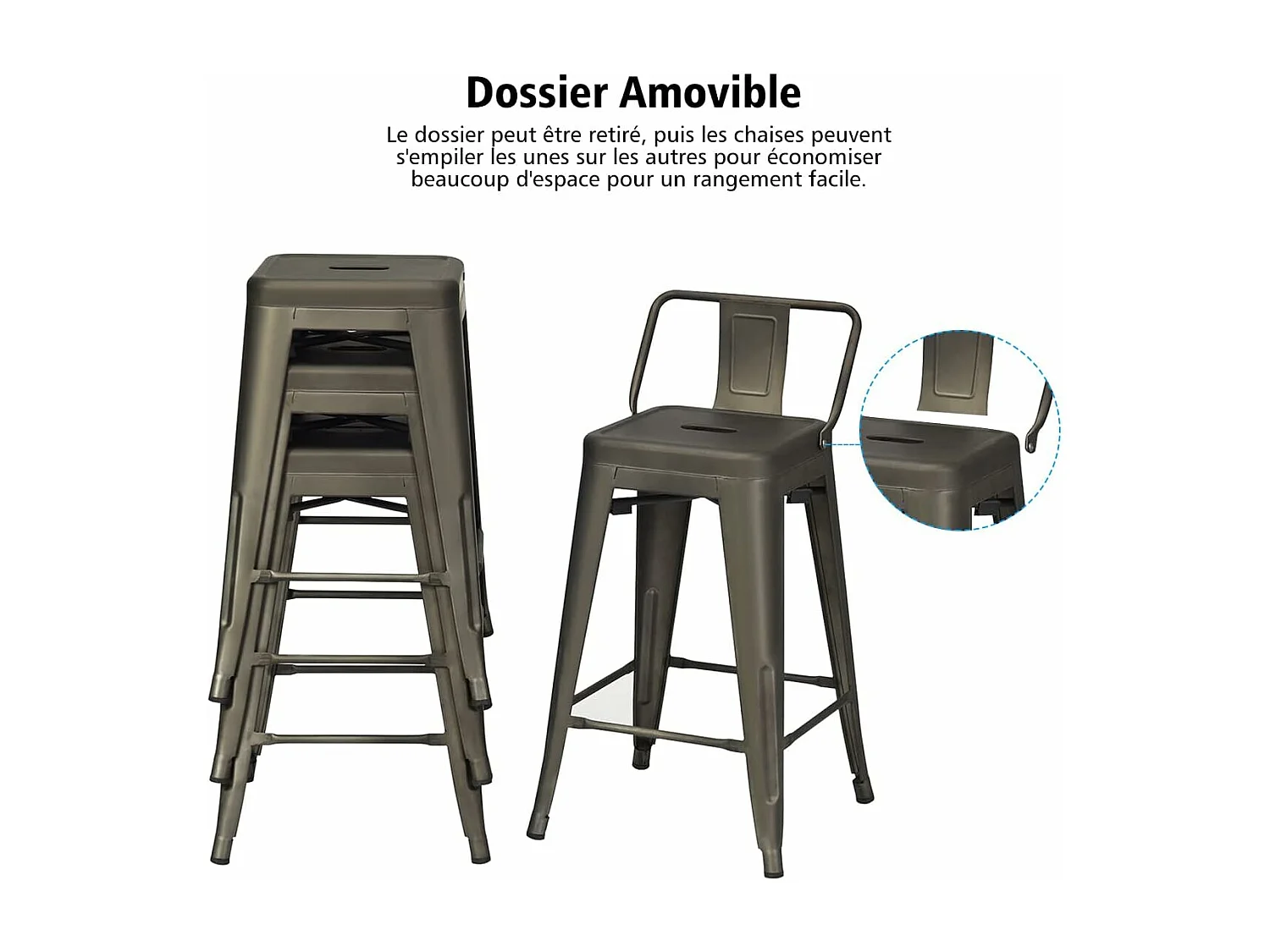 Set van 4 stapelbare metalen barkrukken met afneembare lage rugleuning, zithoogte 60 CM, antislip rubberen voeten, hoge barkrukken voor bistro, keuken, café