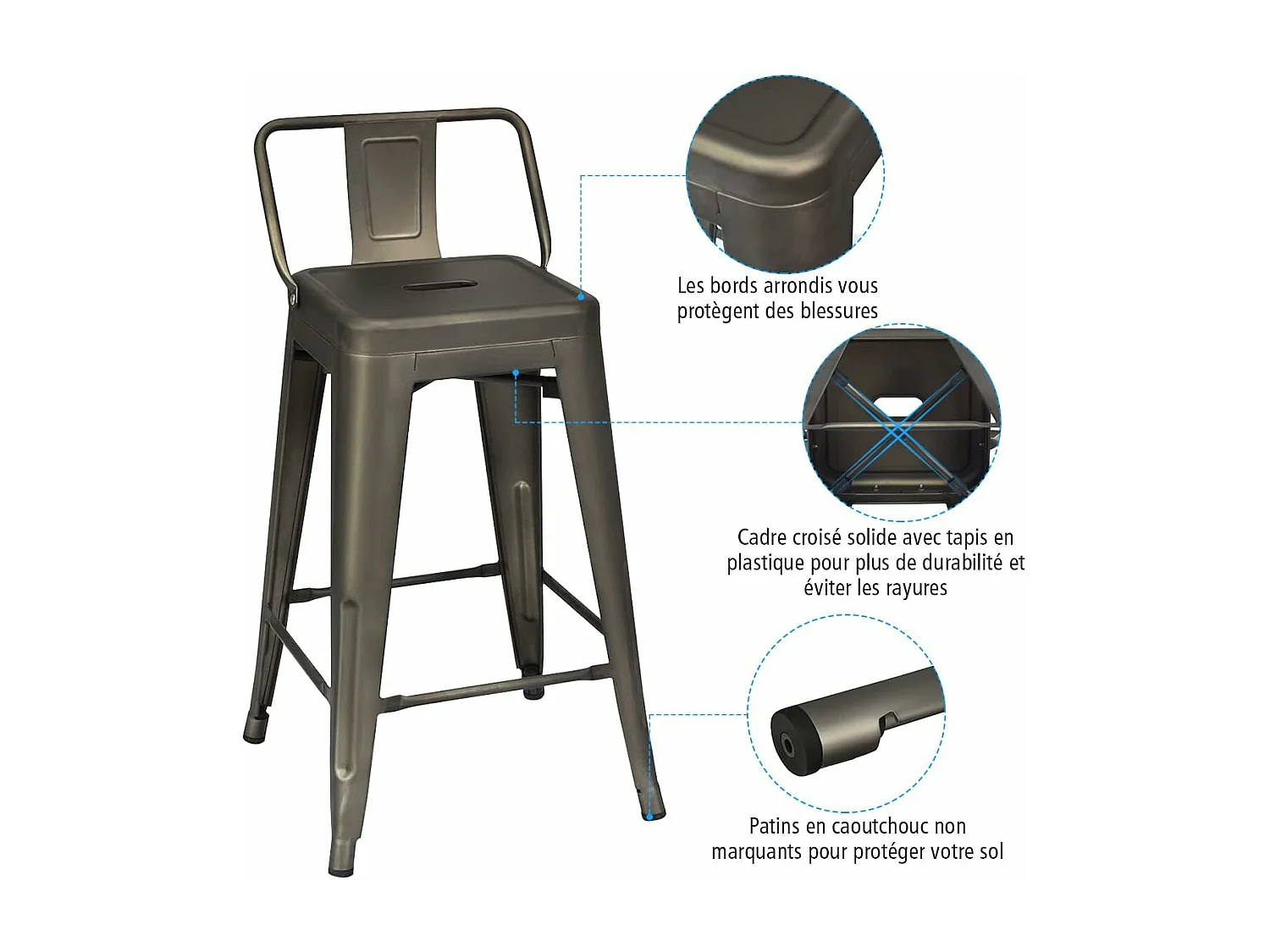 Set van 4 stapelbare metalen barkrukken met afneembare lage rugleuning, zithoogte 60 CM, antislip rubberen voeten, hoge barkrukken voor bistro, keuken, café