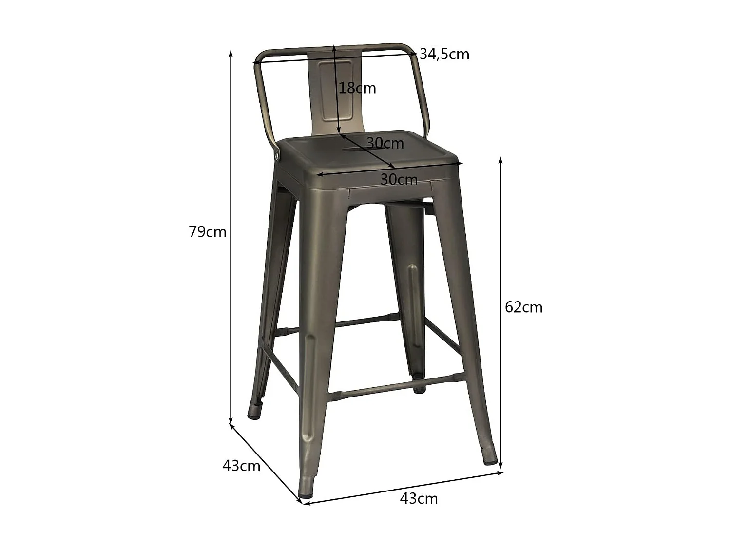 Set van 4 stapelbare metalen barkrukken met afneembare lage rugleuning, zithoogte 60 CM, antislip rubberen voeten, hoge barkrukken voor bistro, keuken, café