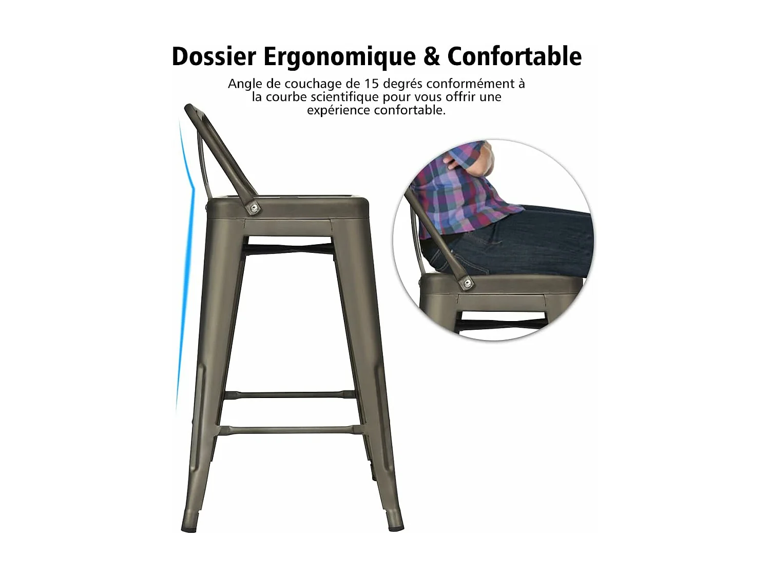 Set van 4 stapelbare metalen barkrukken met afneembare lage rugleuning, zithoogte 60 CM, antislip rubberen voeten, hoge barkrukken voor bistro, keuken, café