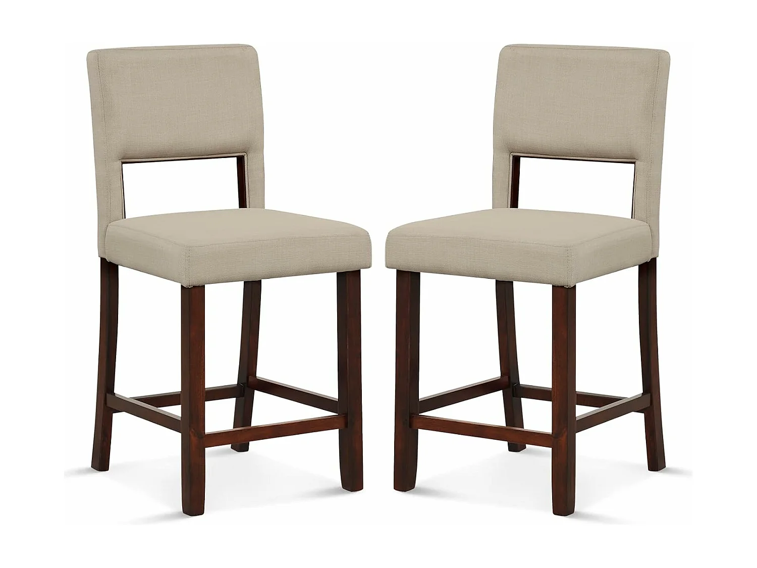 Barstoel set van 2, hoge barstoel met rugleuning en voetsteun, linnen oppervlak, gevoerde barkruk zithoogte 62 cm, beige