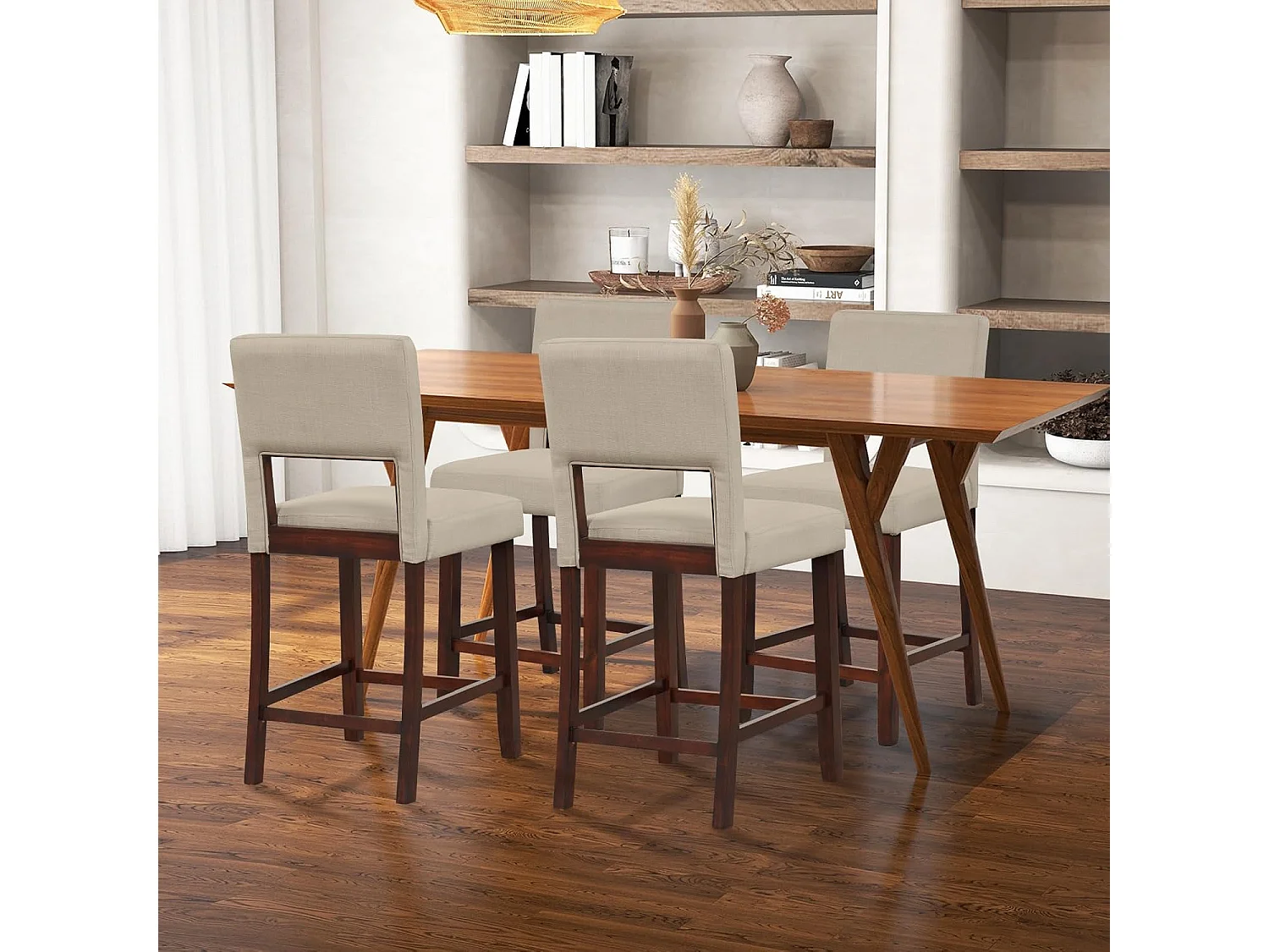 Barstoel set van 2, hoge barstoel met rugleuning en voetsteun, linnen oppervlak, gevoerde barkruk zithoogte 62 cm, beige