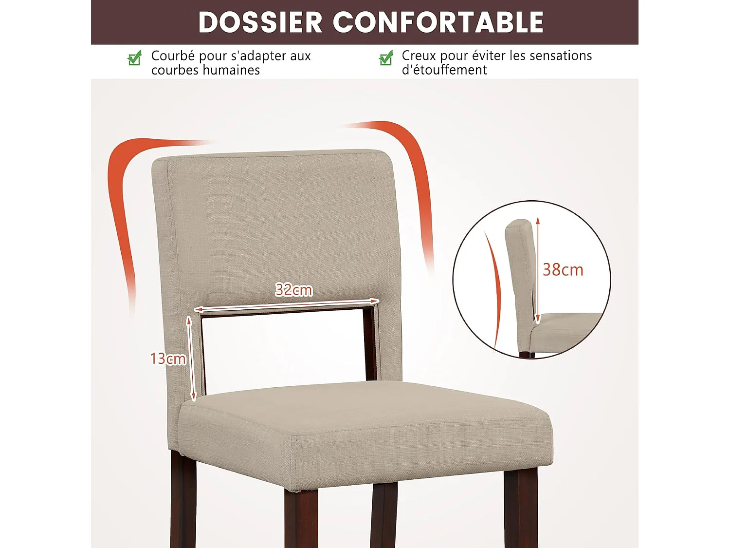 Barstoel set van 2, hoge barstoel met rugleuning en voetsteun, linnen oppervlak, gevoerde barkruk zithoogte 62 cm, beige