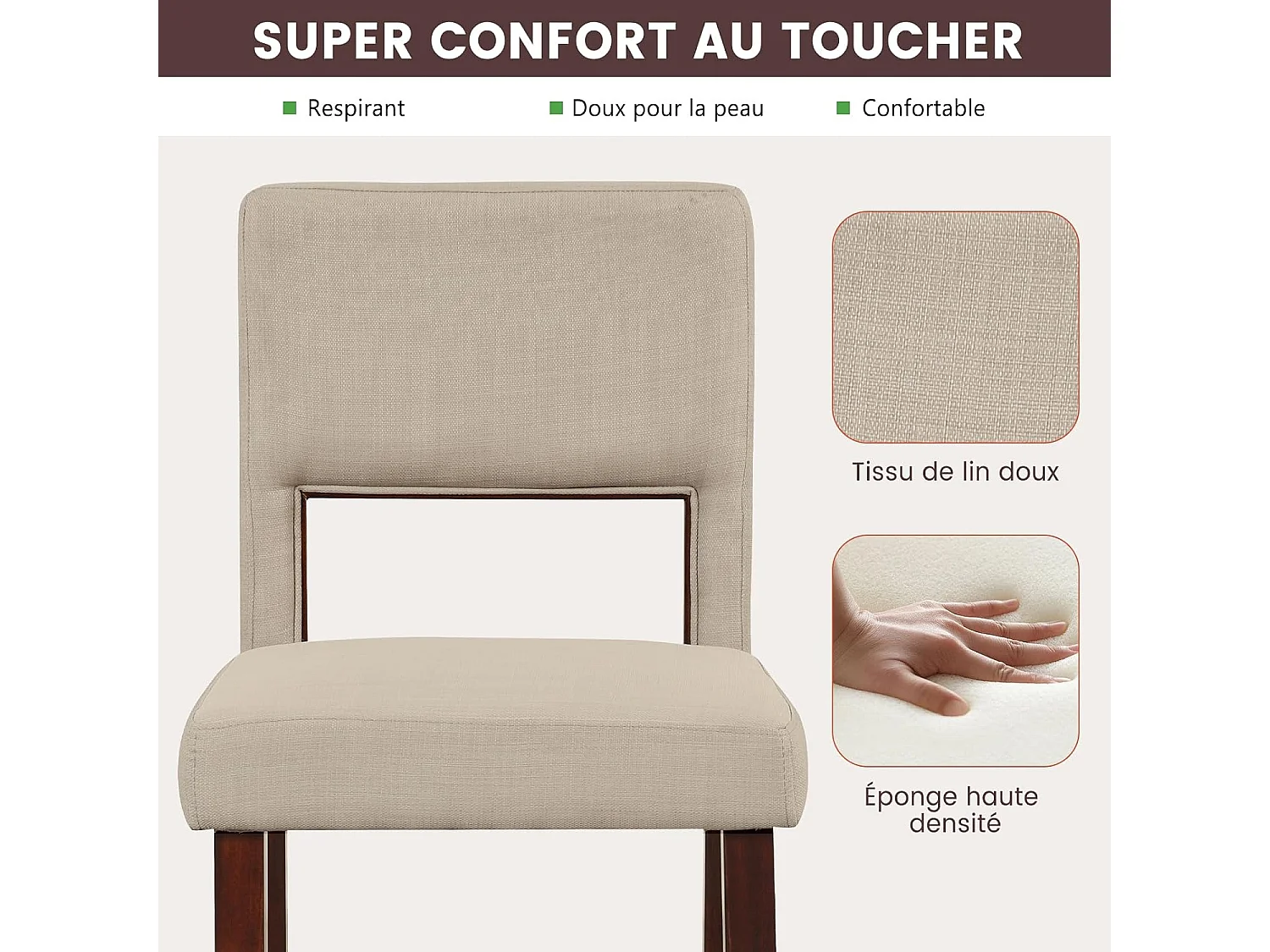 Barstoel set van 2, hoge barstoel met rugleuning en voetsteun, linnen oppervlak, gevoerde barkruk zithoogte 62 cm, beige