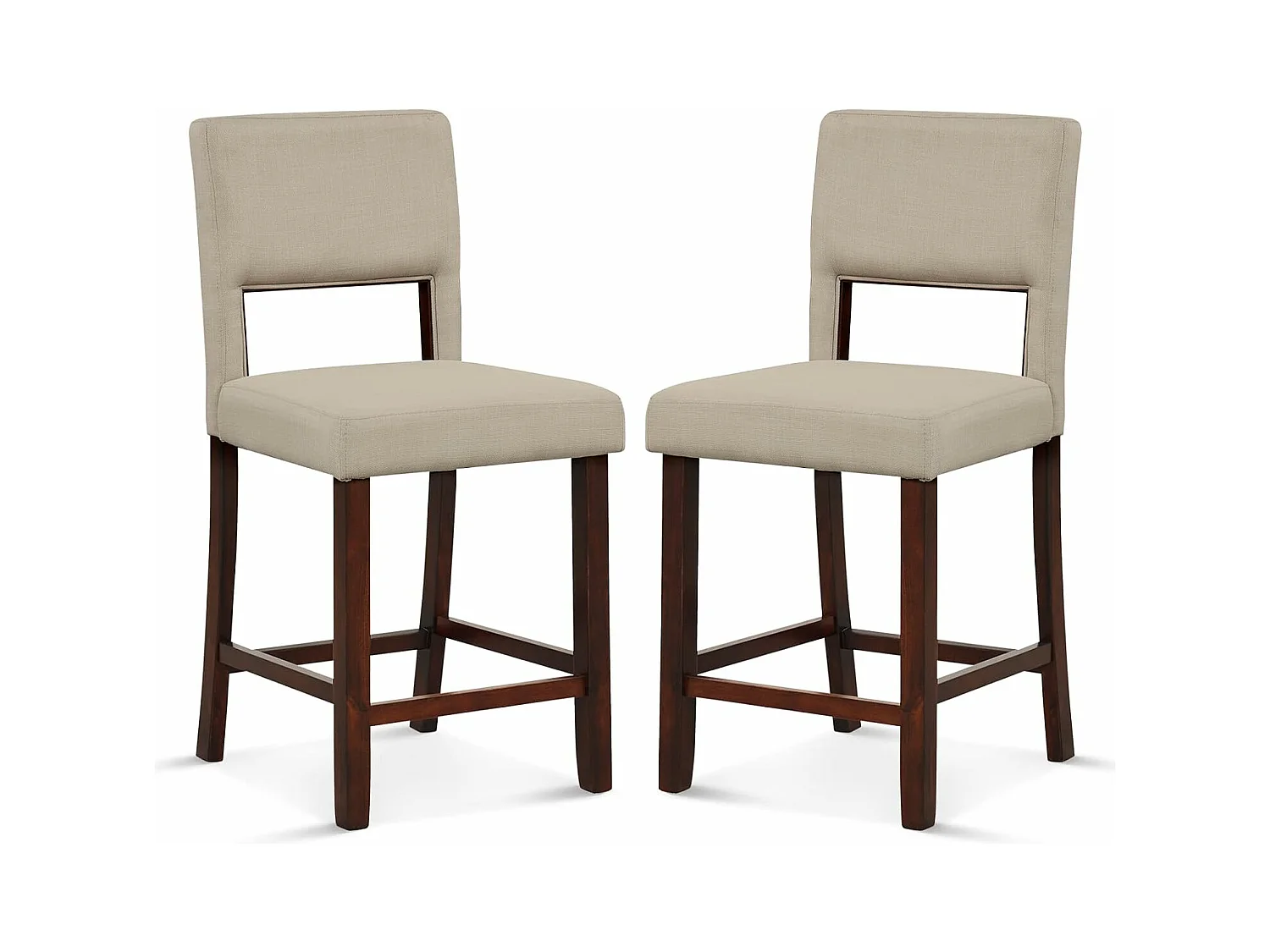 Barstoel set van 2, hoge barstoel met rugleuning en voetsteun, linnen oppervlak, gevoerde barkruk zithoogte 62 cm, beige