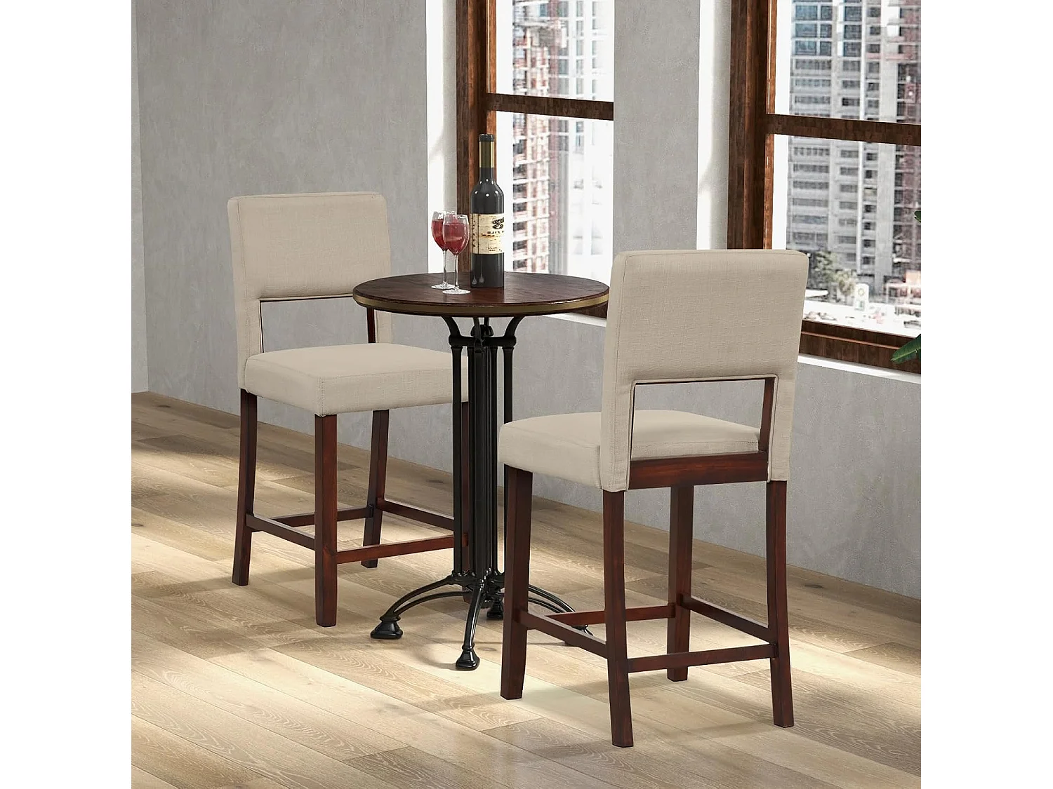 Barstoel set van 2, hoge barstoel met rugleuning en voetsteun, linnen oppervlak, gevoerde barkruk zithoogte 62 cm, beige