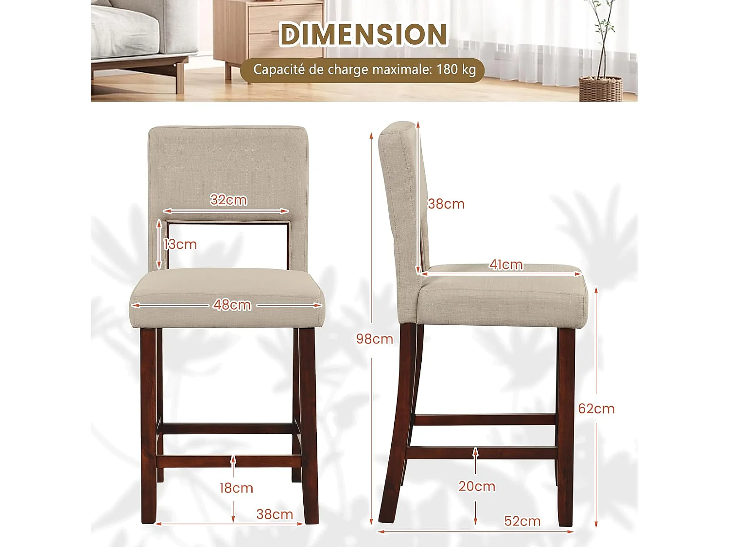 Barstoel set van 2, hoge barstoel met rugleuning en voetsteun, linnen oppervlak, gevoerde barkruk zithoogte 62 cm, beige