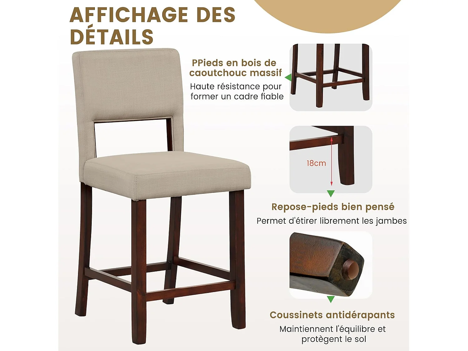 Barstoel set van 2, hoge barstoel met rugleuning en voetsteun, linnen oppervlak, gevoerde barkruk zithoogte 62 cm, beige