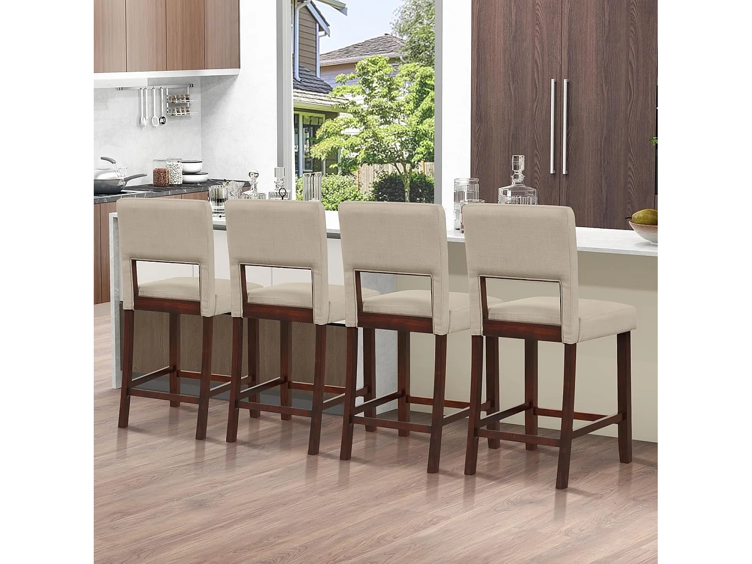 Barstoel set van 2, hoge barstoel met rugleuning en voetsteun, linnen oppervlak, gevoerde barkruk zithoogte 62 cm, beige