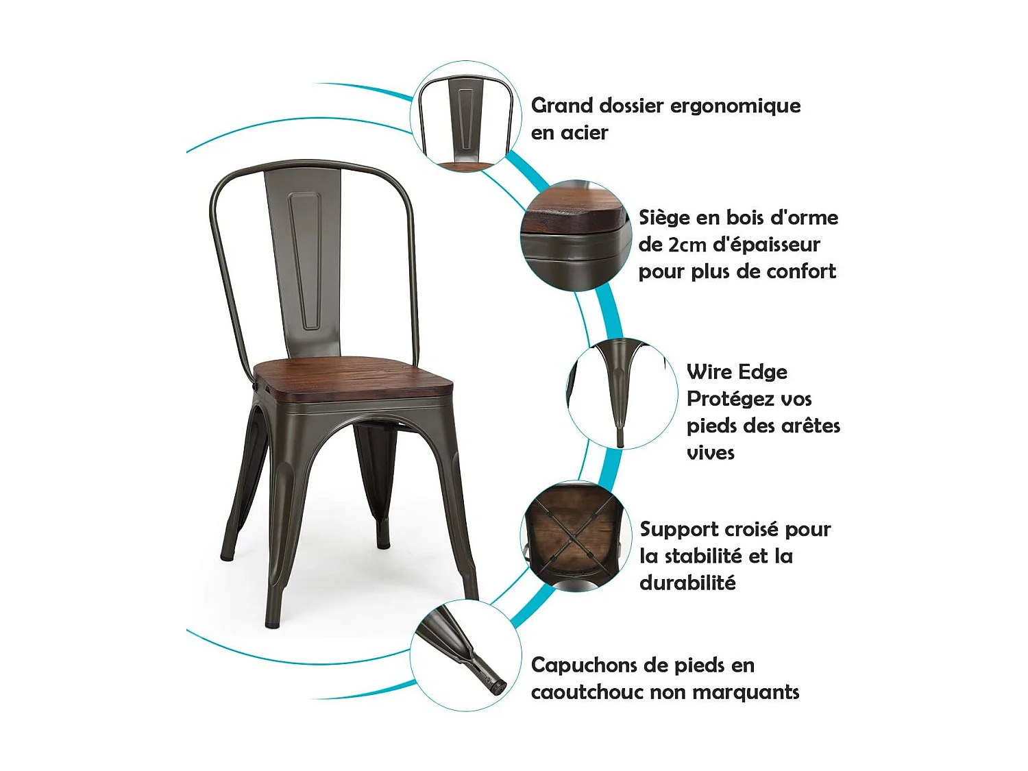 Lot 4 chaises industrielles en métal, avec dossier 52 x 44 x 84cm avec assise